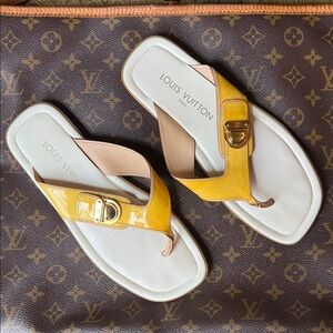 Louis Vuitton Yellow Patent Leather Thong Sandals with Gold Buckle